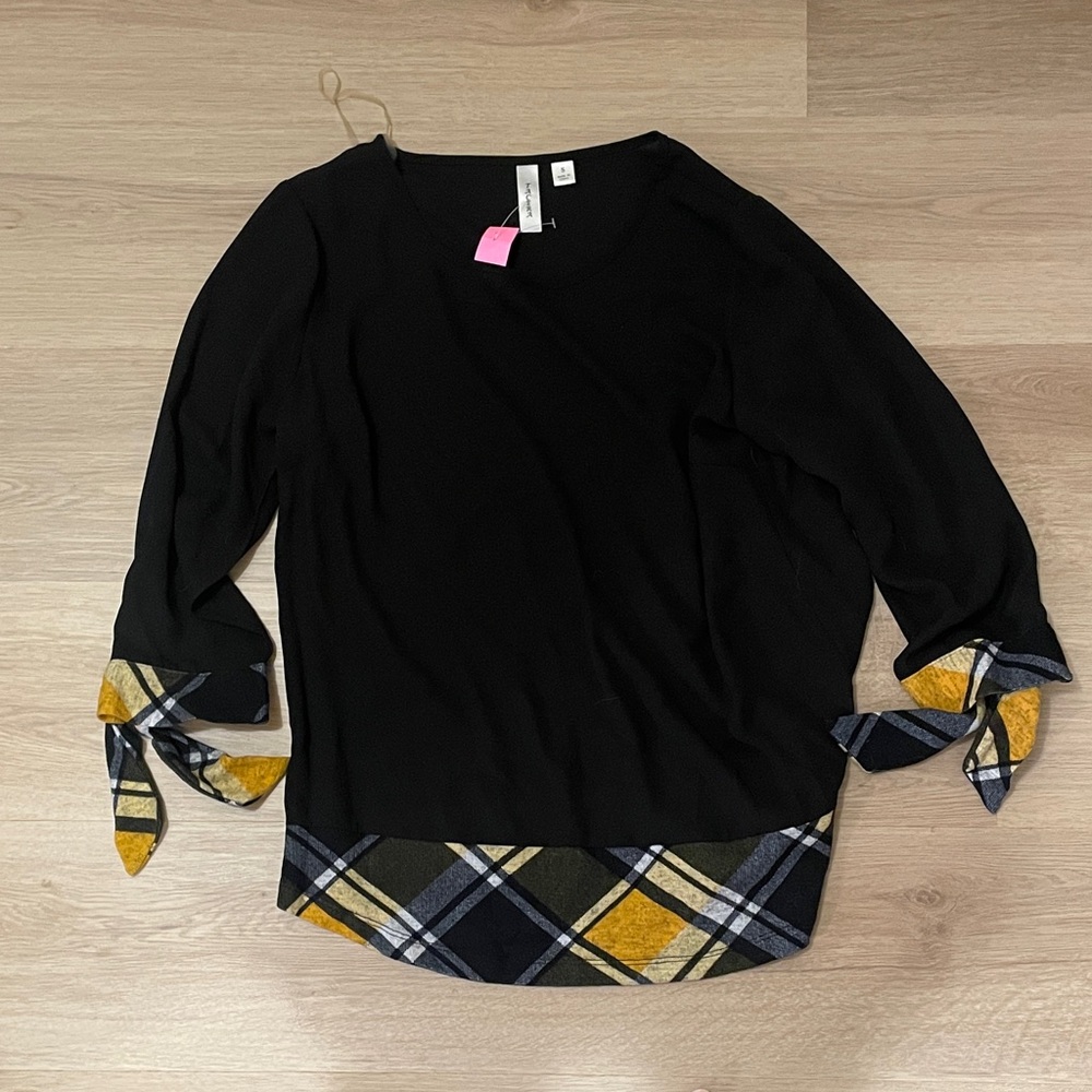 Tacera Black Top with Yellow and Blue Plaid Accents